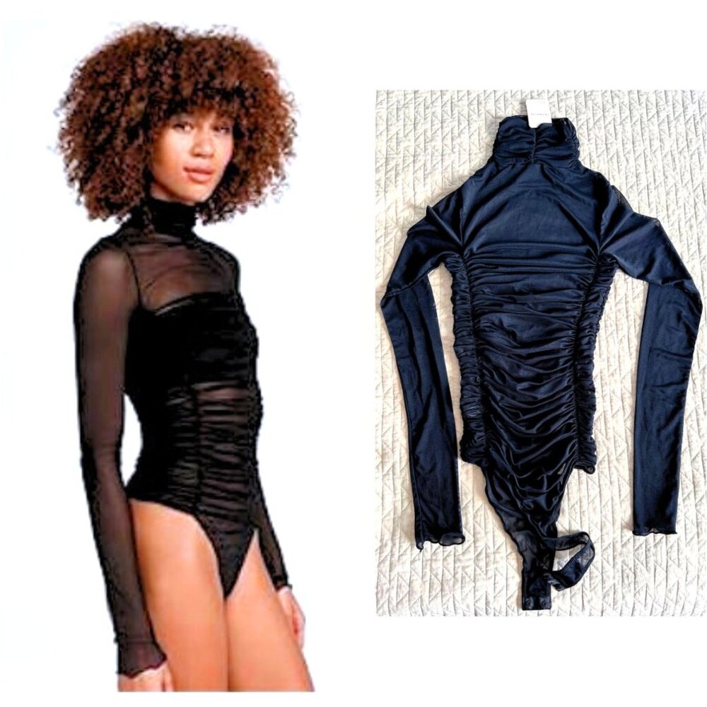 FREE PEOPLE INTIMATELY Black See-through Mesh Turtleneck Bodysuit Size XS NWT